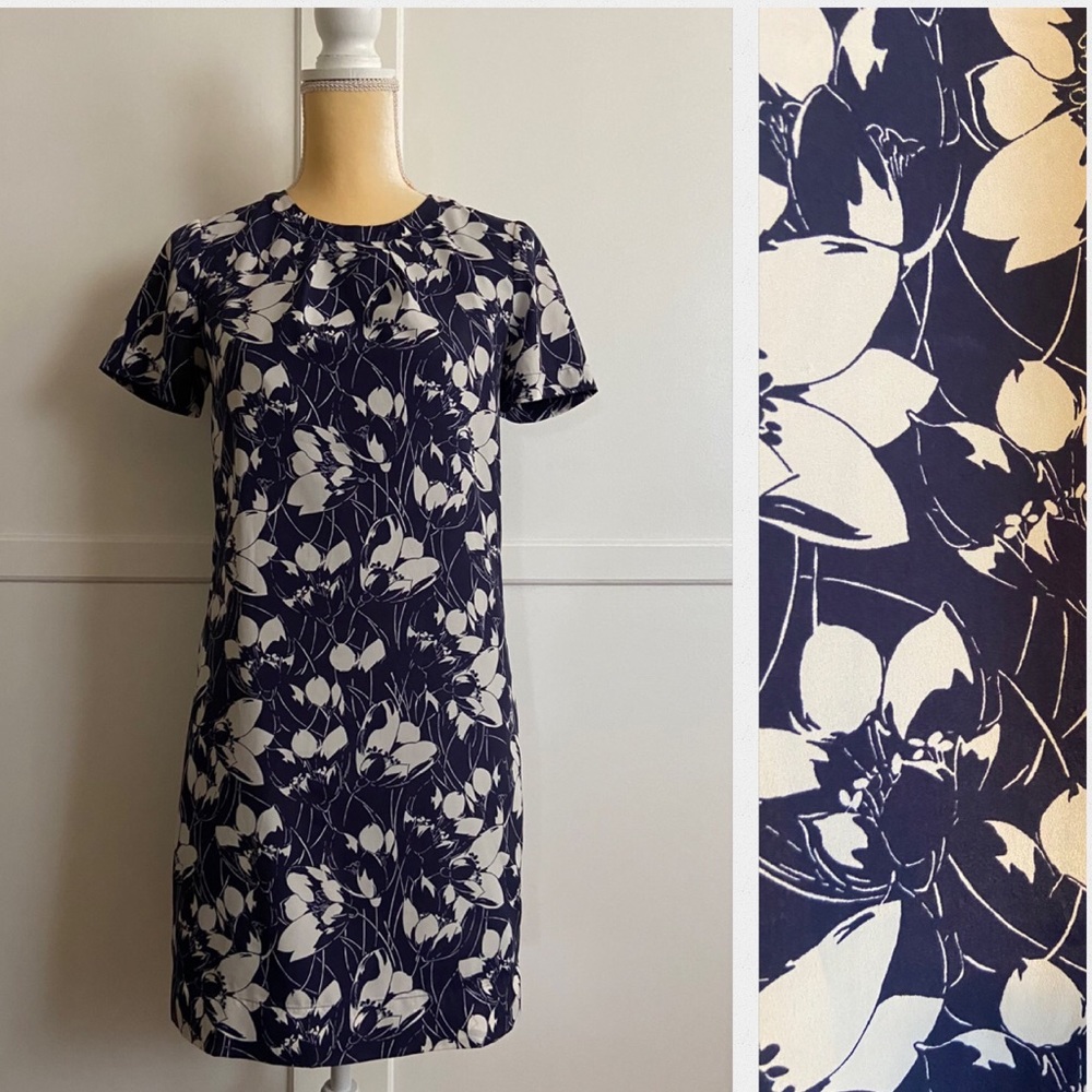 J Crew Navy Blue & White Floral Shift Dress | Short Sleeve